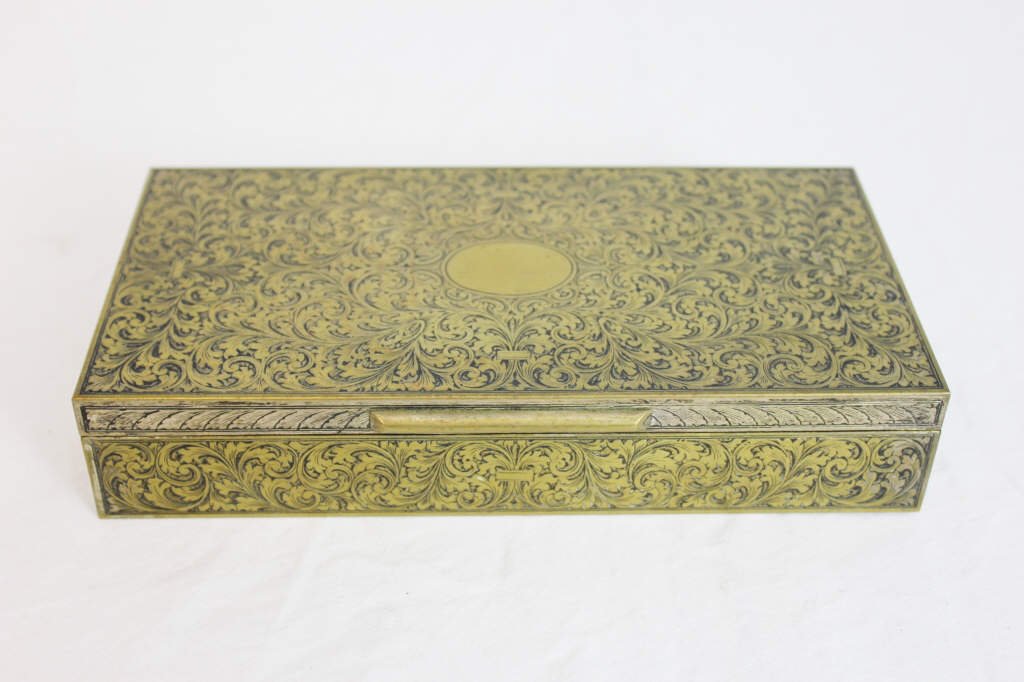 Decorative Carve Bronze Box Made In Italy: Height 2 inches Width 8 inches Depth 4.25 inches