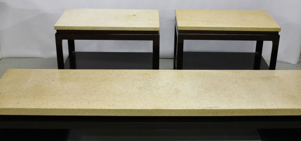 Paul Frankl low coffee table w/cork top, 2 end tables: Paul Frankl design coffee table for Johnson Furniture Company, circa 1940s.Sculpted solid mahogany Greek key motif base with a pressure treated floating cork top.Styled after a classical Japanese low