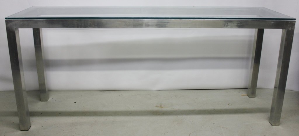 Aluminum and Glass Mid Century Console: Height: 29 inches. Length: 66 inches. Width: 18 inches .