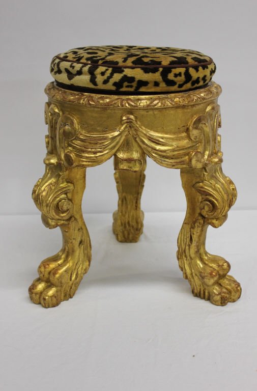 Three Legged Ornate Carved Wood Footstool: With cushion. Height 16 inches Width 12 inches