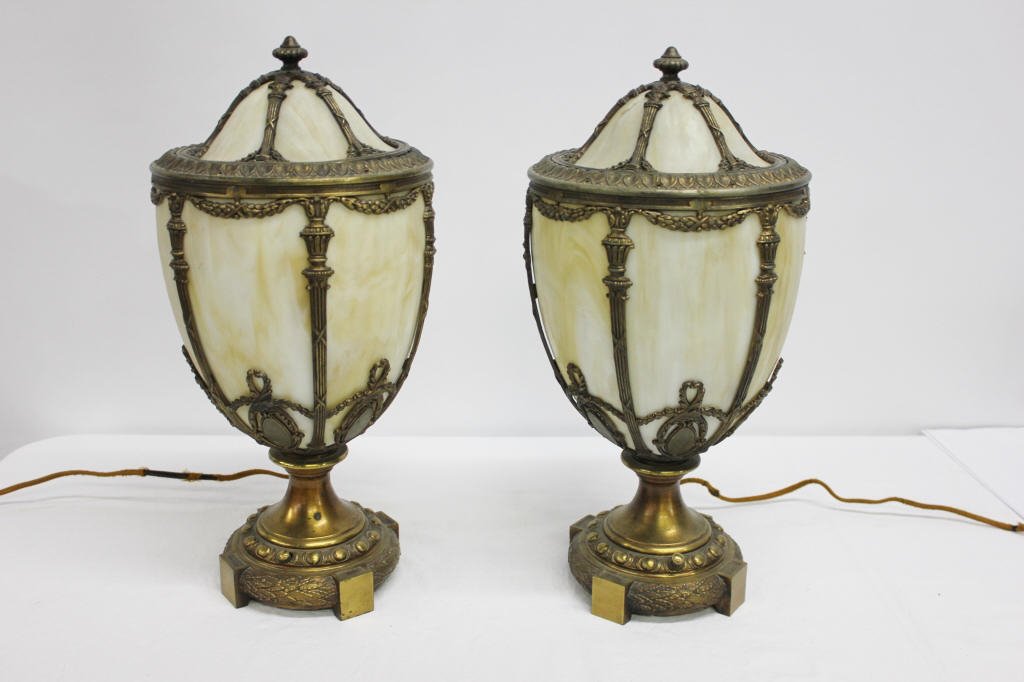 Pair of Bronze and Frosted Glass Urn Form Lamps: Removable Top, Height 19 inches Width 9.5 inches
