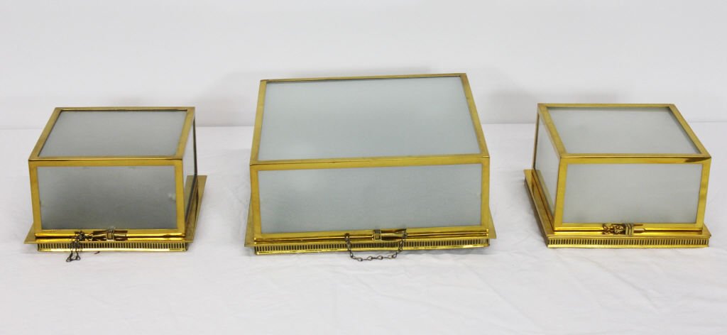 3 Square Form Bonze and Opaline Ceiling Fixtures: One- Height 5 Inches Depth 11Inches Width 11 Inches Two Height 5 Inches Depth 8 Inches Width 8 Inches