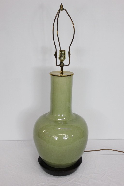 Celadon Chinese Crackle Porcelain Lamp: Height 21 Inches