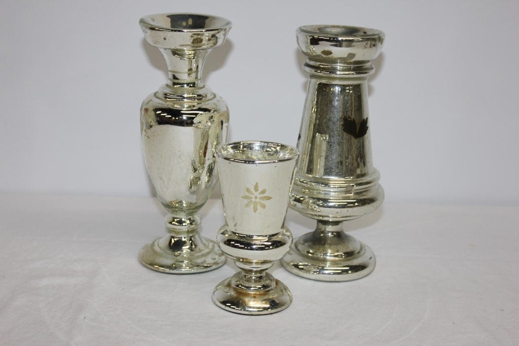 Three Pieces Antique Mercury Glass: Transfer painted Largest 9 Inches Smallest 5 Inches