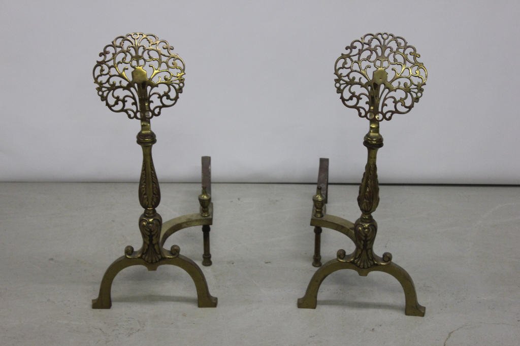 Pair of Decorate Brass Andirons: Height 24 inches Width 11 inches Depth 19 inches