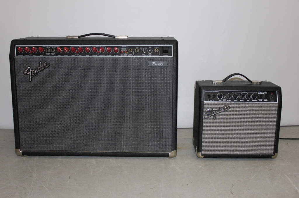Fender Pro 185 Amp Made in USA and Fender Champ 15: Made in Indonesia, Pro Height 19 inches Width 26 inches Depth 10 inches, Champ Height 12 inches Width 13 inches Depth 7 inches