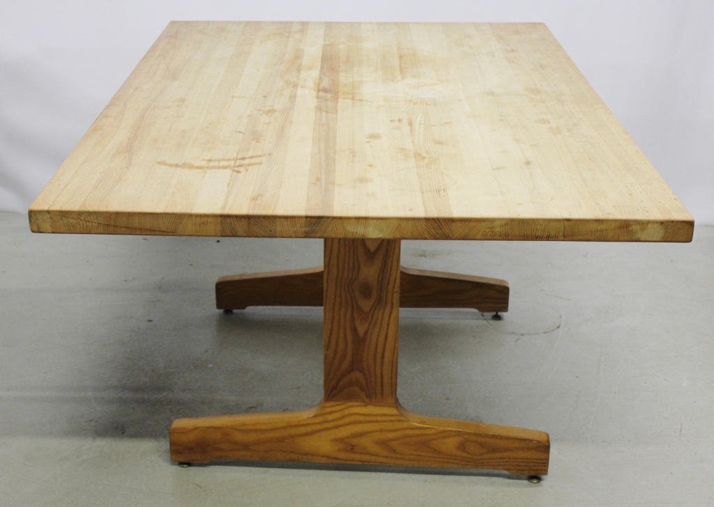 Butcher Block Dining Room Table w 6 Oak Chairs: Table Height: 30 inches. Length: 60 inches. Width: 42 inches. Contemporary Oak Chairs Height: 31 inches. Width: 20 inches. Depth: 19 inches.
