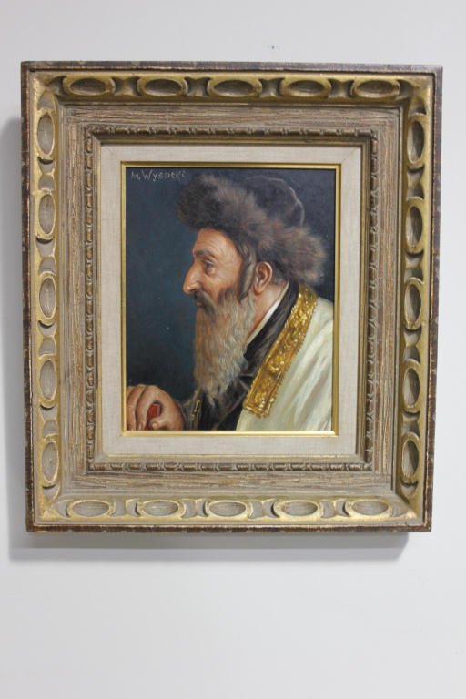 Oil on Panel, "Portrait of a Rabbi," M. Wysocki: Austrian Contemporary Oil on Panel "Portrait of a Rabbi" Signed M. Wysocki. Biographical Sketch on Rear. Height: 10 inches. Width: 7.5 inches.
