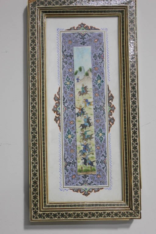 H. Ali Sajjadi Persian Manuscript Painting, Polo: Watercolor on stone. Persian polo players on the Silk Road. H. Ali Sajjadi, Miniaturist. Height: 12 inches. Width: 5 inches.
