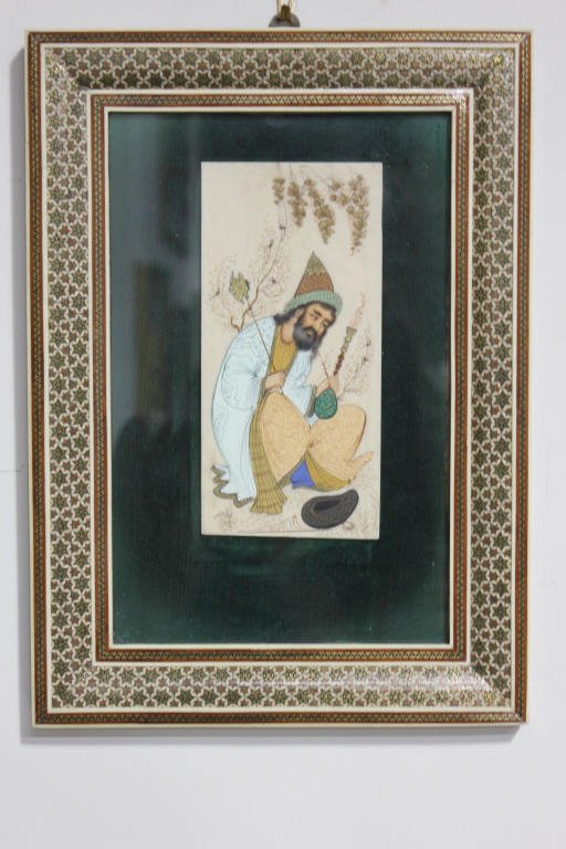 H. Ali Sajjadi Persian Manuscript Painting, Man: Persian manuscript painting, by miniaturist H. Ali Sajjadi. Crouching man with pipe, watercolor on stone.