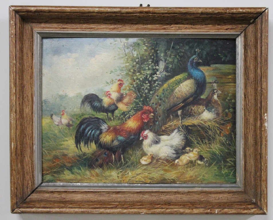 Oil on Masonite Barnyard Scene: Signed Lower Left Height 8 Inches Width 11 Inches
