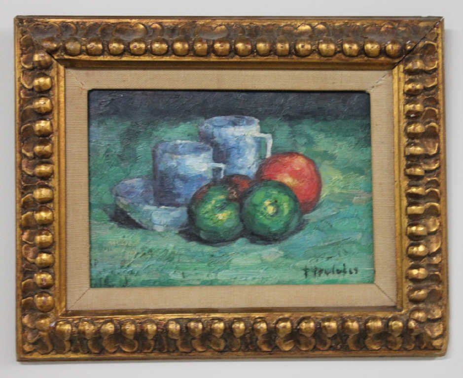 Oil On Board Still Life Cups and Fruit: Signed Lower right Height 7 Inches With 9.5. Inches