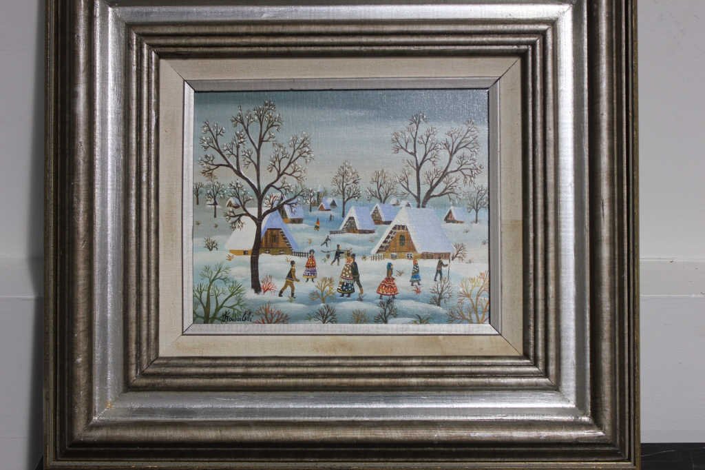 Oil on Canvas Folkart, A. Kowalski, Signed: Winter Scene Folk Art by A. Kowalski. Signed. Width: 9.5 inches. Height: 7.5 inches.