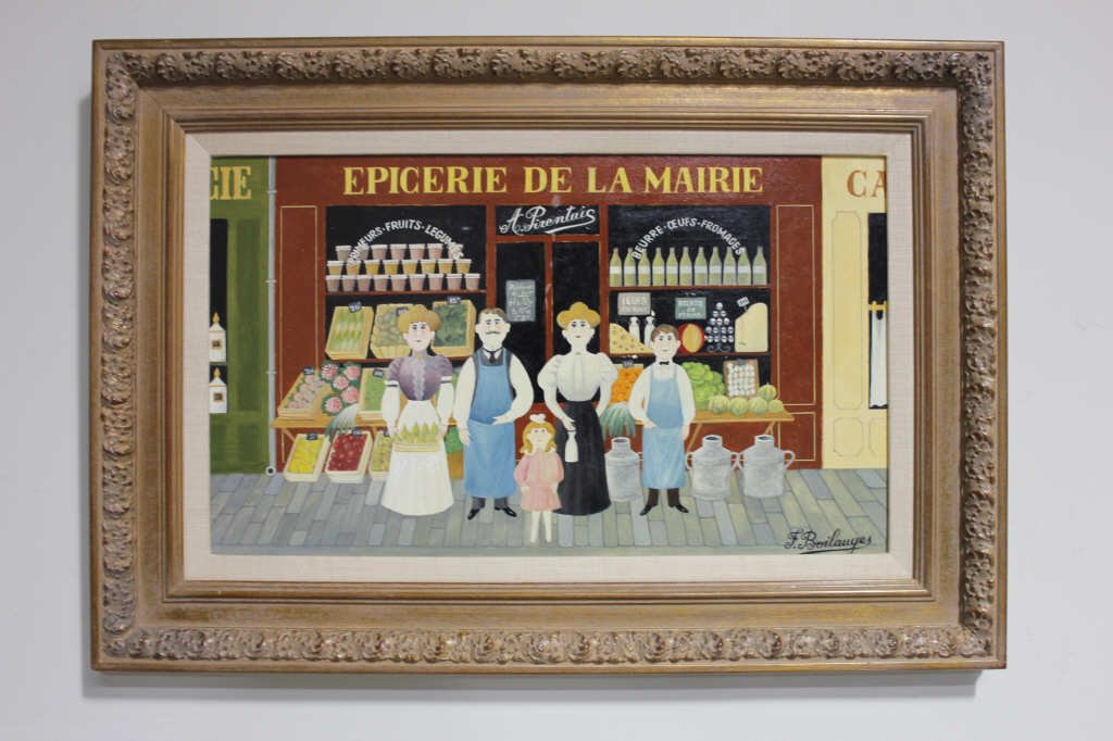 Oil on Board "Epicierie de la Mairie" Signed: Signed, F. Boilauges. Shopkeepers and produce, Oil on Board. Height: 12.5 inches. Width: 21.5 inches.