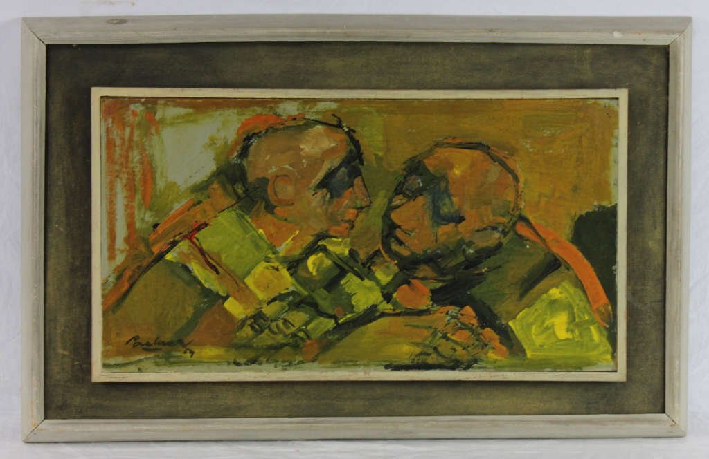 William Pachner "Two Men Talking" Oil on Canvas: Signed lower left and dated 1954. William Pachner, born 1915 in Czechoslovakia. The artist studied and worked in Vienna and Prague. Works have been on exhibition at the Whitney Museum of American Art,