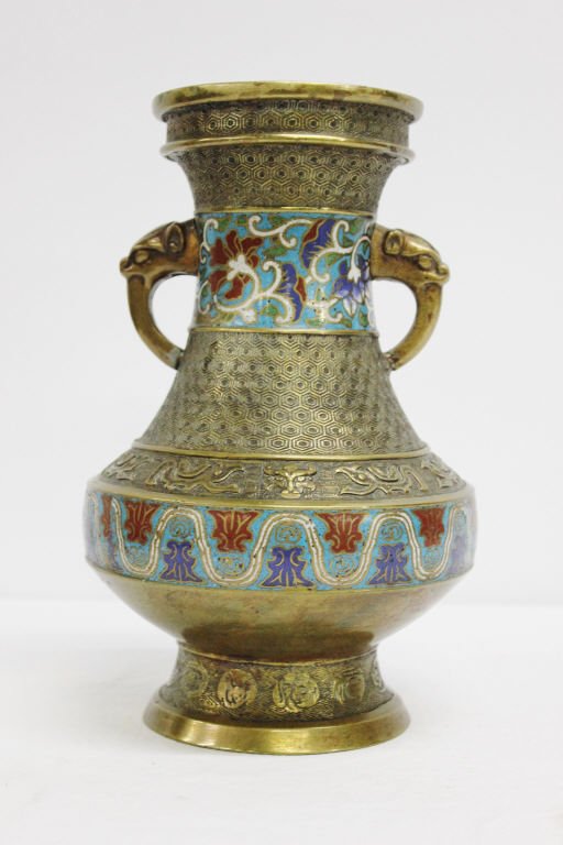 Brass and Cloisonne Vase with Elephant Handles: Height 12 inches Width 8 inches