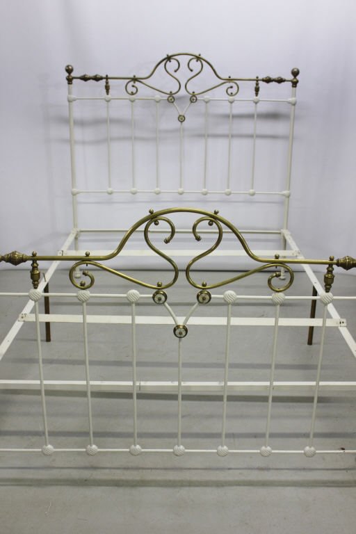 Antique Brass and Painted Metal Queen Bed Frame: with Headboard and Footboard, Headboard Height 61 inches Width 60 inches, Footboard Height 41 inches Width 60 inches