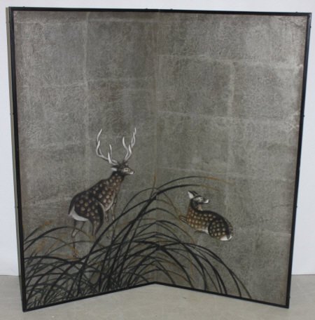 Painted Two-Piece Screen of a Deer and a Fawn: Height: 53 inches. Length (span): 53 inches.