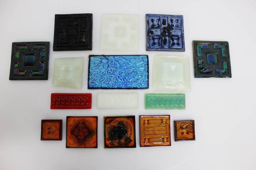 Group of 16 Tiffany Tiles: Assorted Sizes and shapes Including opalenscent, clover pattern,