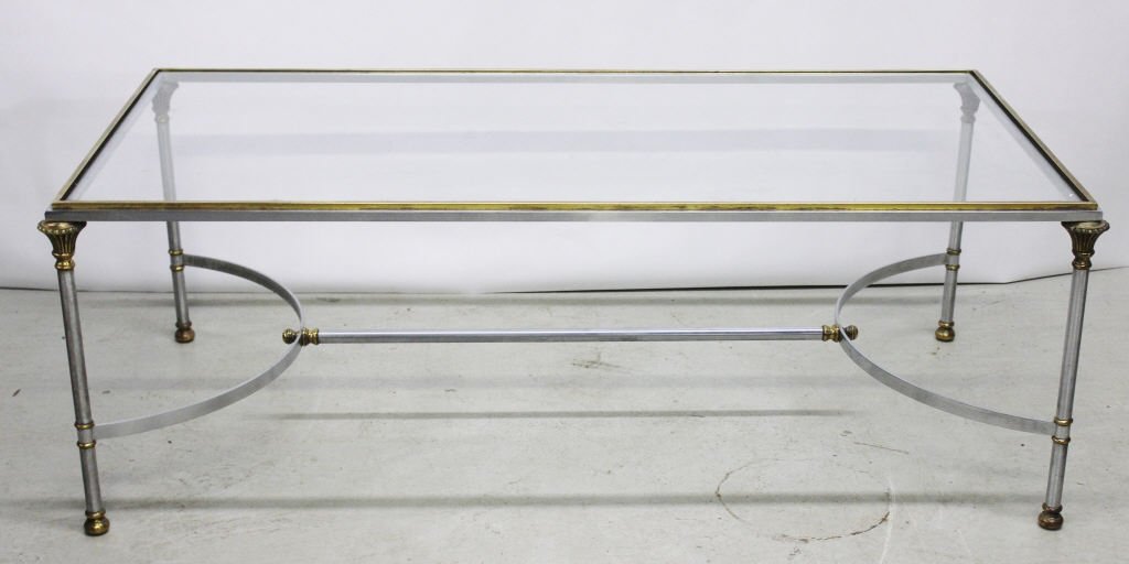 Jansen Brass Steel and Glass Coffee Table: Height 17 inches Width 48 inches Depth 25 inches