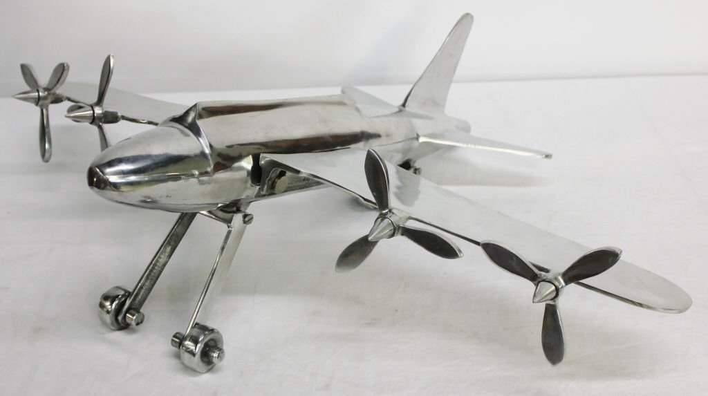 Polished Aluminum Four Propeller Airplane: Length 24 Inches