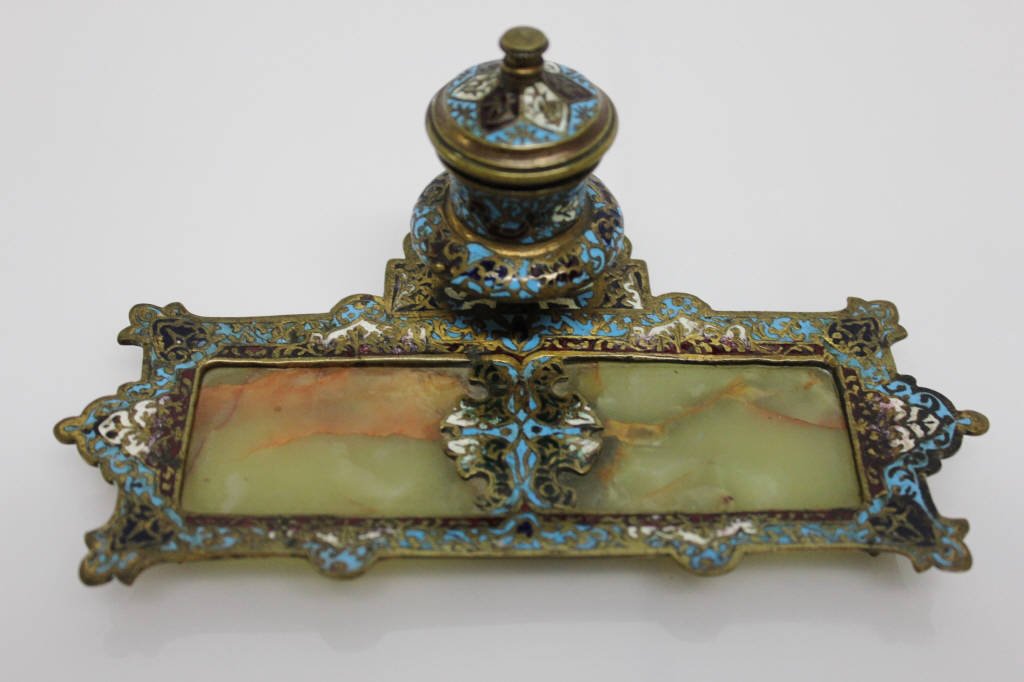 Antique Enamel & Alabaster Inkwell: Geight: 2.5 inches. Width: 7 inches. Depth: 4 inches.
