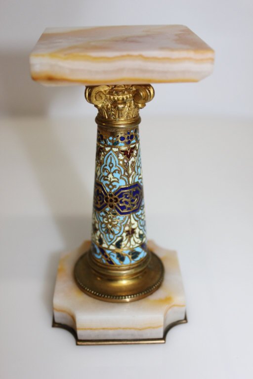 Antique Enamel & Alabaster Small Pedestal: Height: 5.5 inches. width 3.75