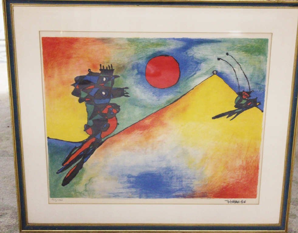 Mixed Media Sun, Mountain and Skier, Signed Hans: Dated '66. Watercolor and pastels. Height: 20 inches. Width: 17 inches.
