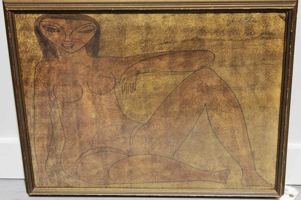 Gloria Elies, Signed, Female Nude: (Canadian, 1923-2013). Female Nude. Mixed media on paper. Signed upper right. Height: 20 inches. Width: 25.5 inches. Framed.