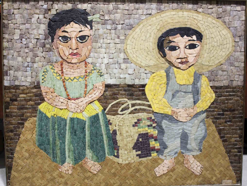 Signed Mexican Stone Mosaic of Man and Woman: Signed LR Helen Schwartz in the style of Diego Rivera. Some tiles missing. Height 30.5 Inches Width 38 Inches