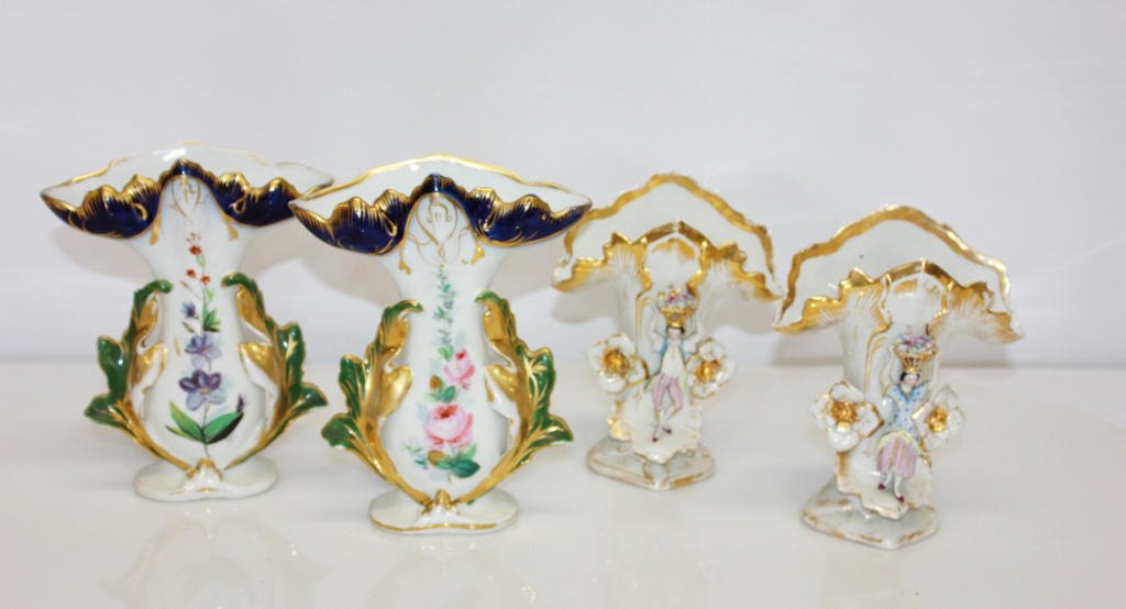 Two Pairs of 2 French Porcelain Vases: Heights: 8.5 inches, 9 inches.