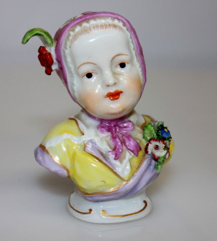 Small Porcelain Child's Head by Sitzendorf: Hand Painted Hallmarked on Bottom Height 3 Inches