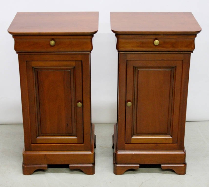 Pair of 'Grange' Fruitwood Nightstands: Made in France. One door, one drawer. Height: 30 inches. Width: 16 inches. Depth: 14 inches.