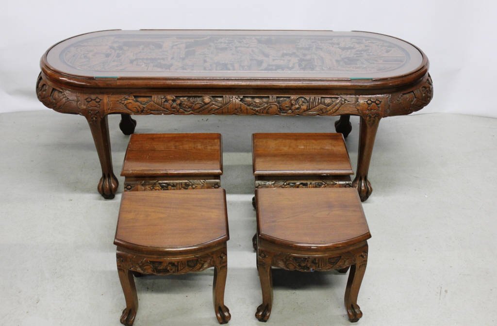 Carved Chinese Low Table with Six Low Stools (1 of 6)