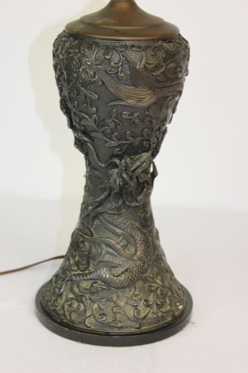 Antique Metal Table Lamp with Flying Dragons: Height 25 Inches