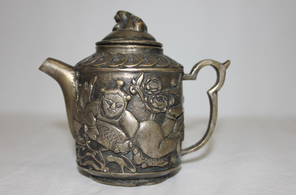 Chinese Antique Pewter Teapot: Height 5 inches Width 5 inches
