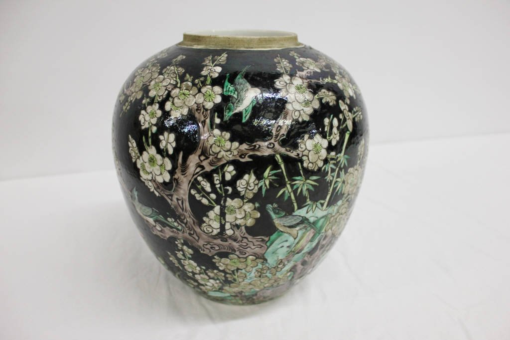 19 Century Black Chinese Vase with Cherry Blossoms: Height 10 inches Width 10 inches