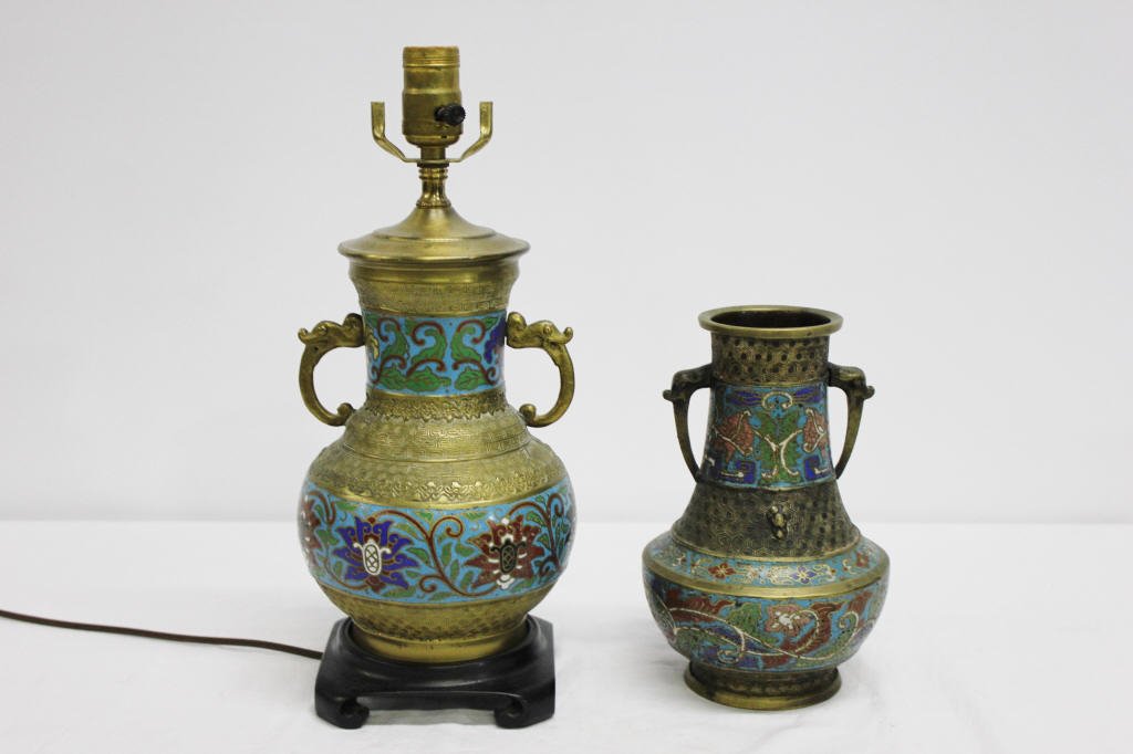 Brass and Cloisonne Lamp and Vase: Lamp height 15 inches by width 6 inches Vase height 9 inches by width 6 inches