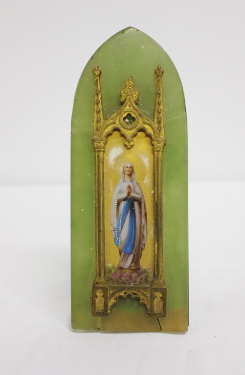 Antique Brass & Jadeite Icon of Madonna: Hand-painted. Some cracks. Height: 8 inches. Width: 3 inches. Depth: 0.5 inches.