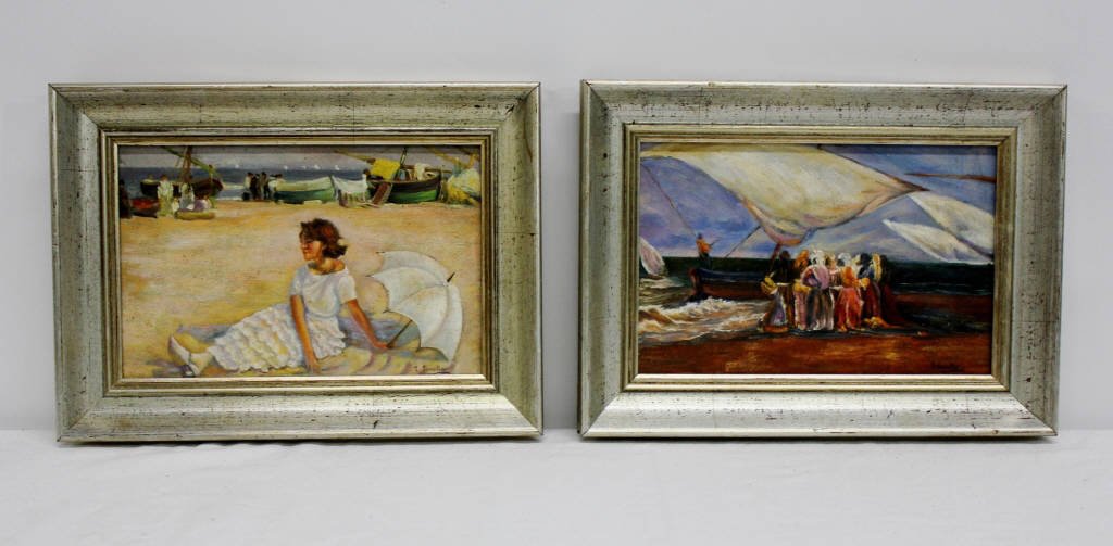 Pair of Coastal Oil on Board Paintings: Girl with parasol; Nautical farewell. Both paintings are framed. Height: 5 inches Width: 8 inches.