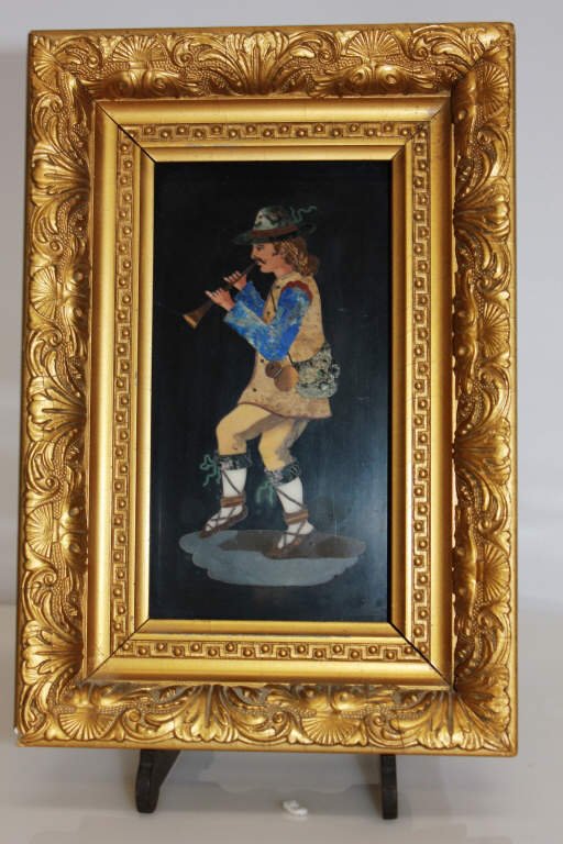 Pietra Dura Plaque Depicting Flutist: Semi-precious hard stone inlay. Height: 7.75 inches. Width: 4 inches.