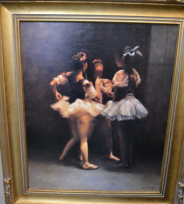 Oil on Canvas 3 Ballerinas at Rest, Signed: Signature lower right, illegible. Measured with frame: 30 inches by 27 inches.