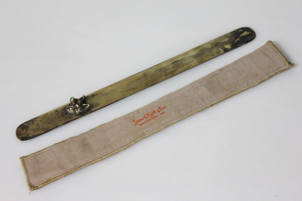S.Kirk & Son Sterling "Foxcroft' Page Turner: with fox head mount and accompanying original S.Kirk & Son, Baltimore, Maryland felt sleeve. Production time approximated at 1932-1940. Length: 12 inches. 124.55 dwt