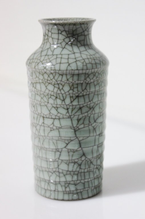 Crackle Celadon Vase: Height: 7.5 inches. Width: 5 inches.