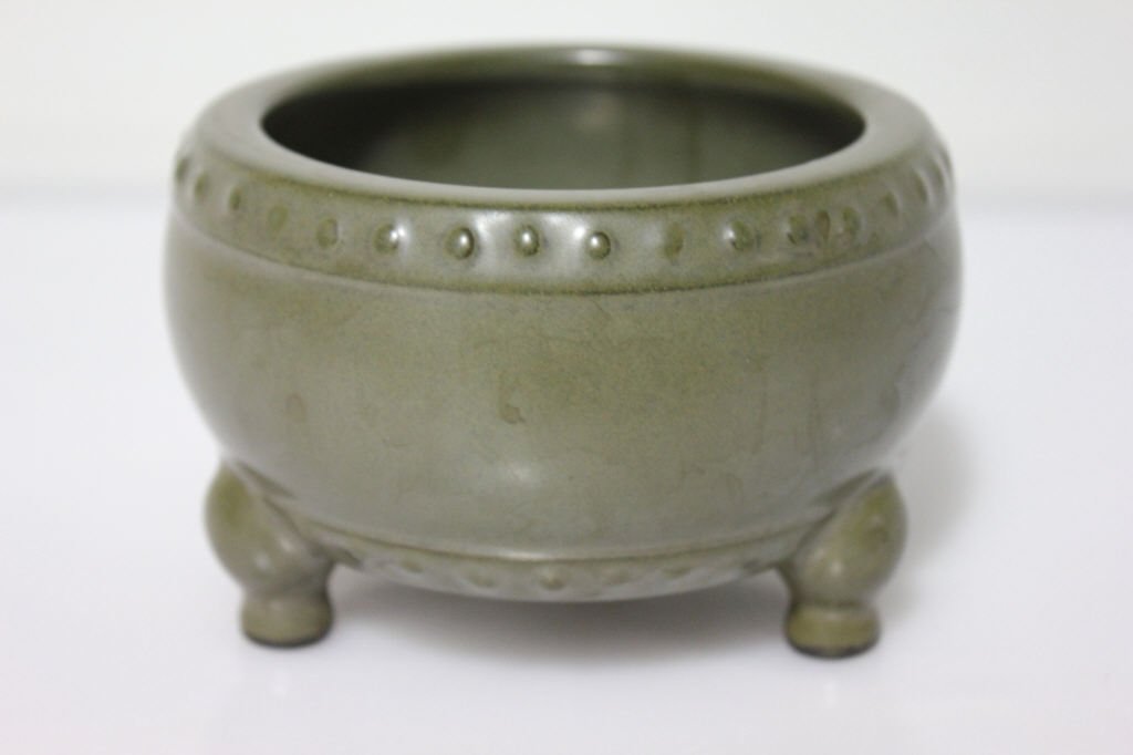 Three-Legged Celadon Censor: Height: 3.25 inches. Diameter: 5 inches.