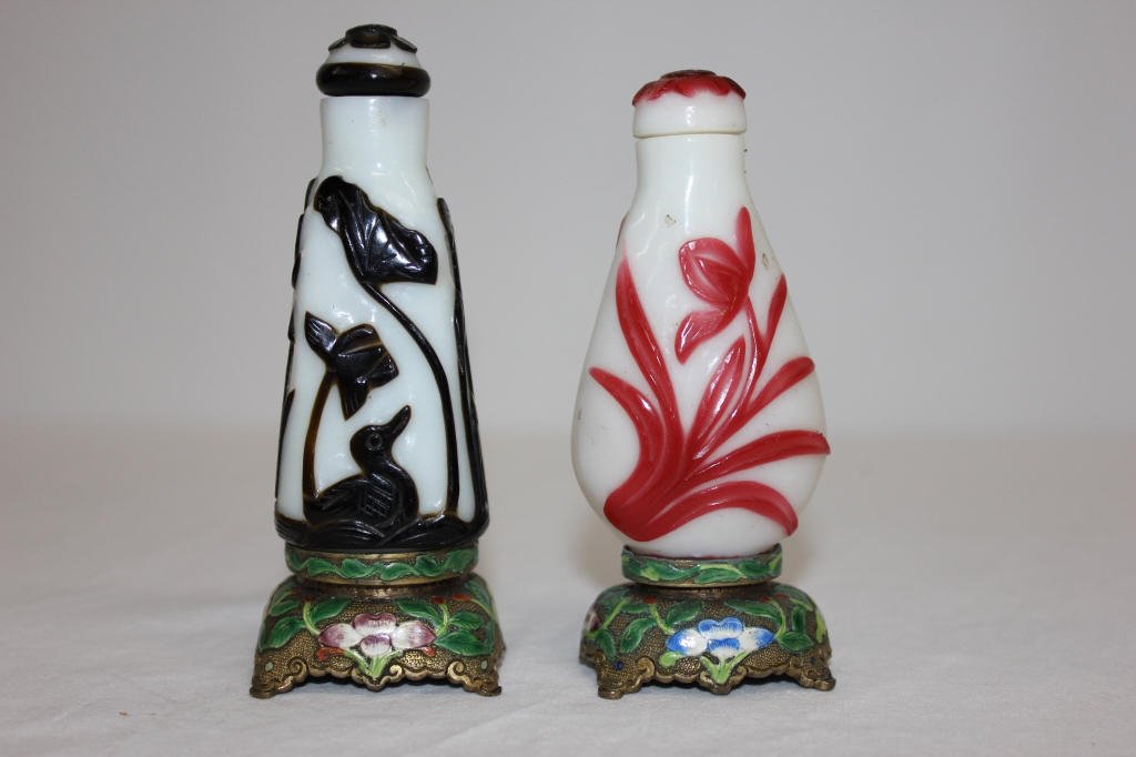 2 Antique Carved Porcelain/Cloisonne Snuff Bottles: Tallest height 4.5 inches