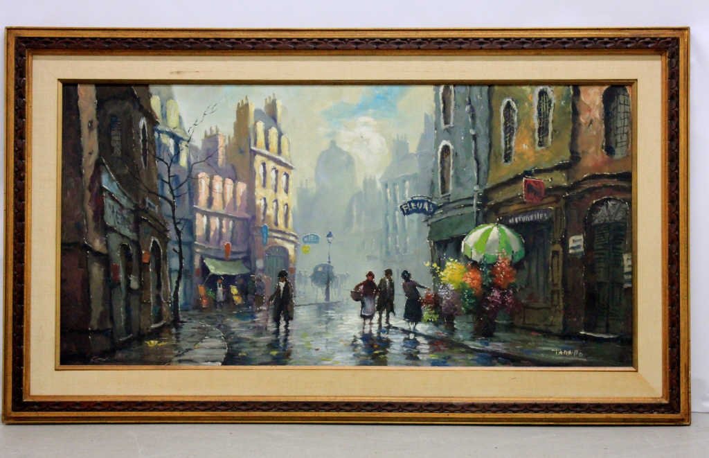 Acrylic on Canvas Signed 'Tanello' Rainy Village: Signature lower right. Matted and framed. Height: 24 inches. Length: 48 inches.