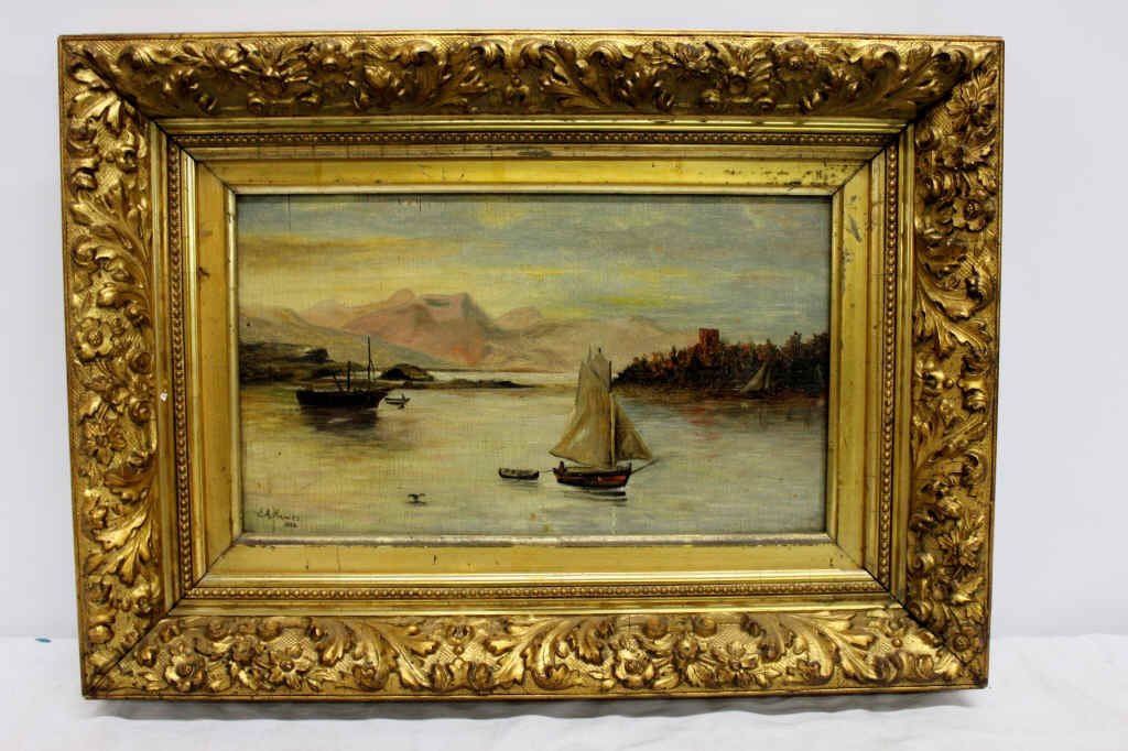 A. Hawes Oil on Wood Shore Scene, Signed LL: Canvas 7 inches X 11 Inches In Frame 12 Inches by 17 Inches