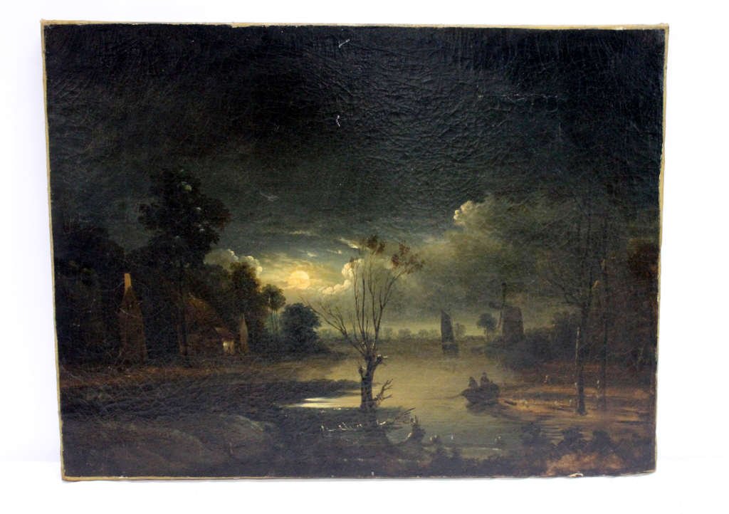 Oil on Canvas 'Of the Night' After J.B. Corot: Cachaud in the likeness of Jean-Baptiste-Camille Corot (French, 1796 - 1875). Length: 25.5 inches. Height: 19 inches.