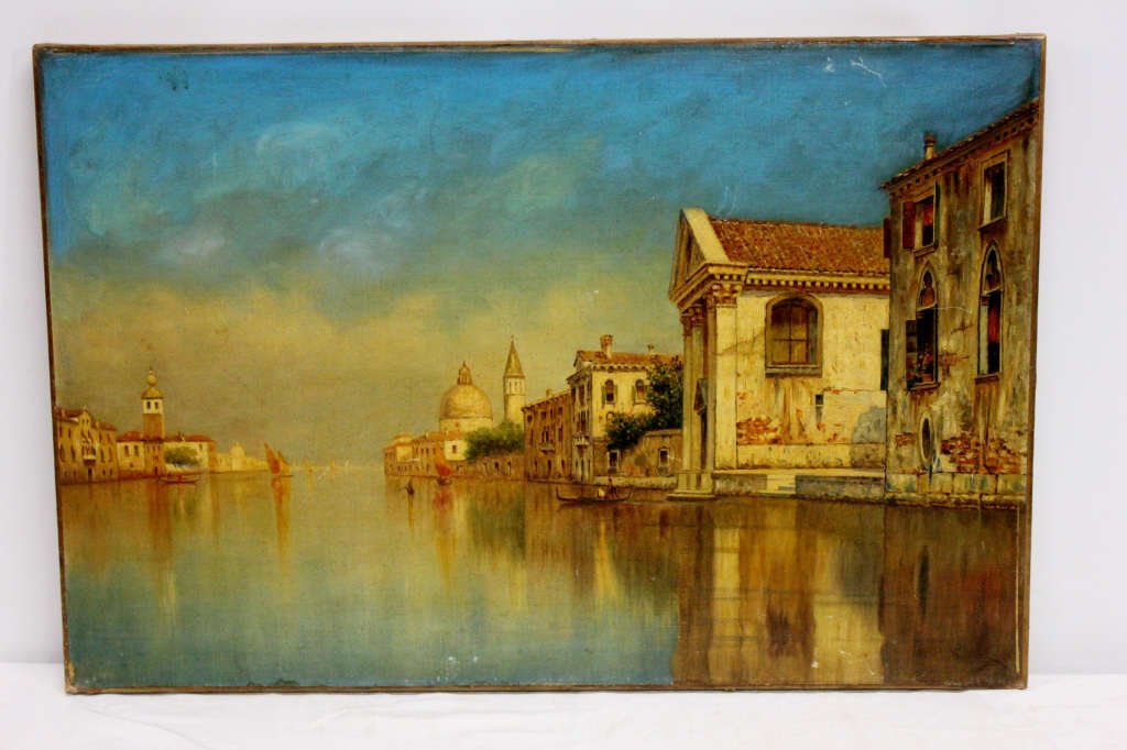 Oil on Canvas Venetian Waterway and Buildings: Signed A. Bolpini lower right. Unframed. Height: 20 inches. Width: 30 inches.